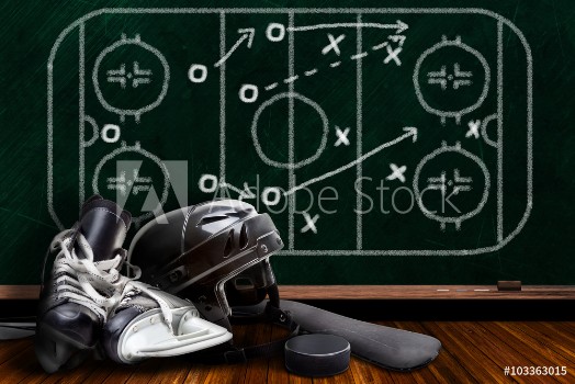 Picture of Ice Hockey Equipment and Chalk Board Play Strategy